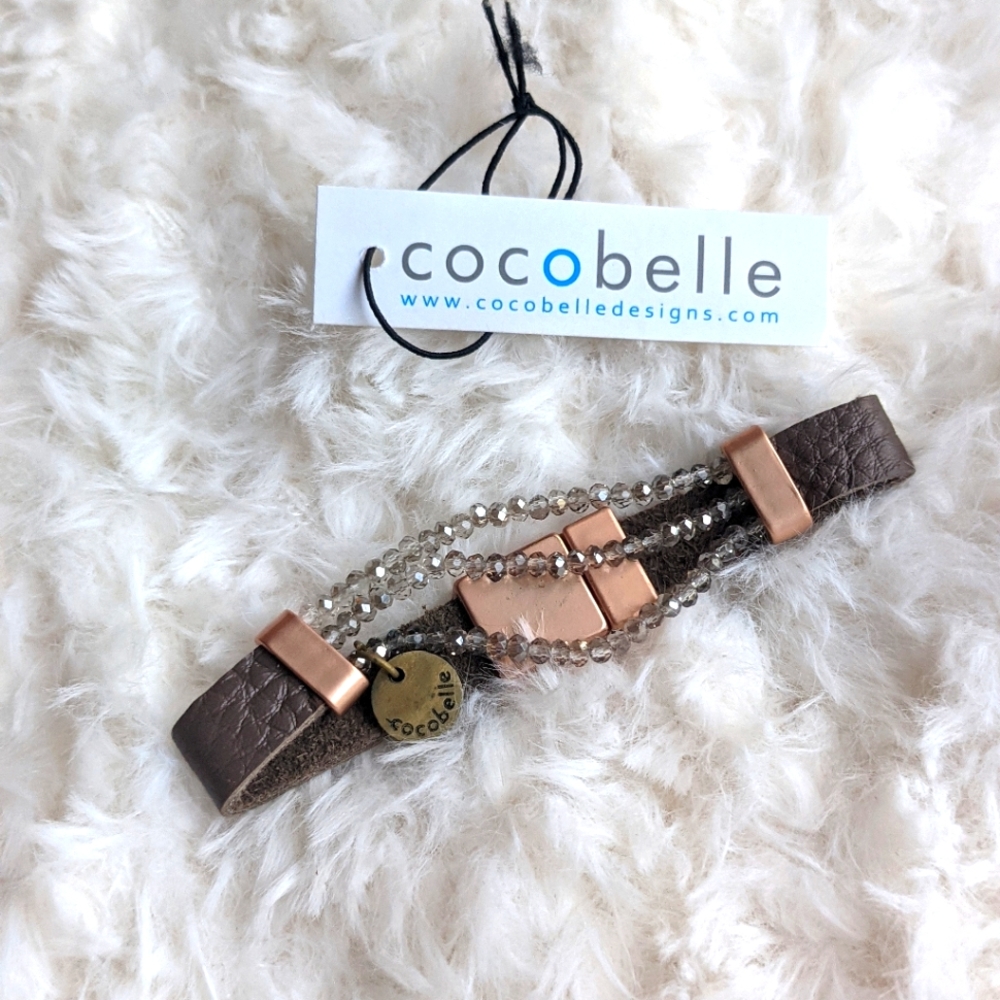 ANTHRO COCOBELLE Shine-On Leather Beaded Magnetic Clasp Bracelet Gray
